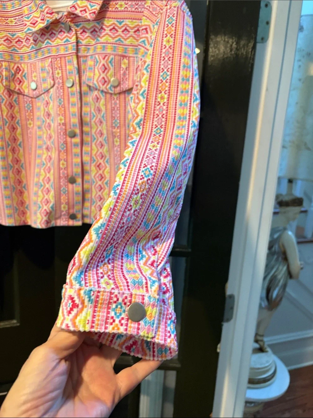 Savanna Jane Pink Multicolor Patterned Cropped Jean Jacket